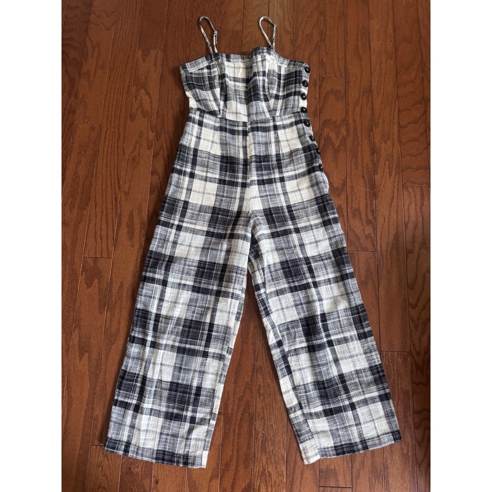 First Monday Plaid Wide Leg Jumpsuit XS Black White Button Detail Cotton - Picture 2 of 9